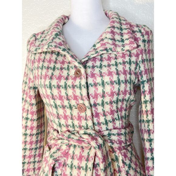 Margaret O'Leary Jacket S Pink Wool Tweed Belt Button Coat Coquette Herringbone - Picture 3 of 7